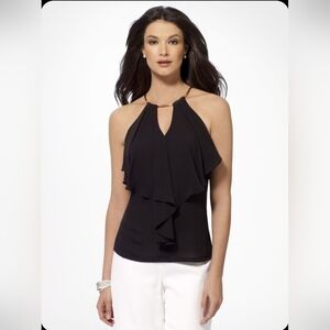 Cache Womens Top Blouse Keyhole Black Gold Detail Sleeveless Ruffle Tie Back XS